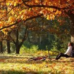 Woman cyclist relaxing in autumn park