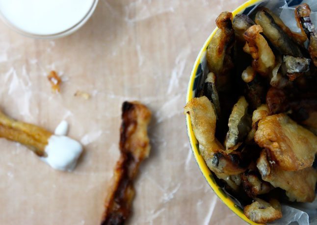 French Fry Recipe: Berr Battered Eggplant Lemon Garlic Yogurt Sauce