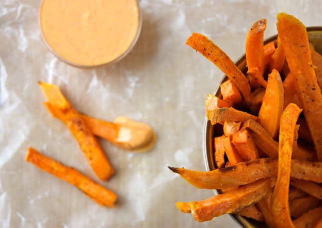 French Fry Recipe: Sweet Potato Fries with Sriracha Creme Fraiche